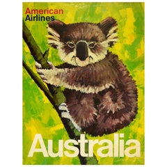 Original Retro Travel Poster American Airlines Australia Koala Bear Design Art
