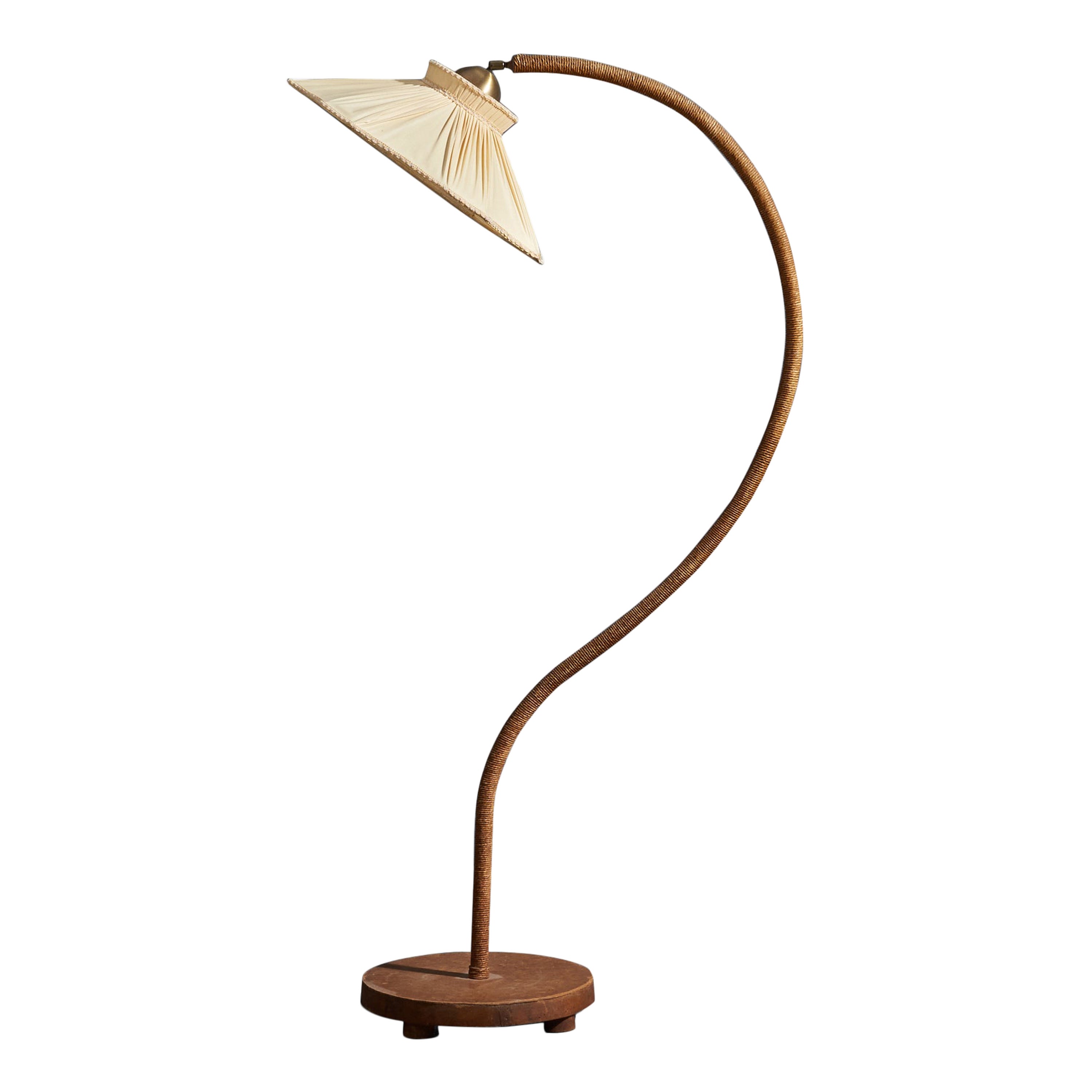 Swedish Designer, Adjustable Floor Lamp, Wood, Cord, Fabric, Sweden, 1930s For Sale