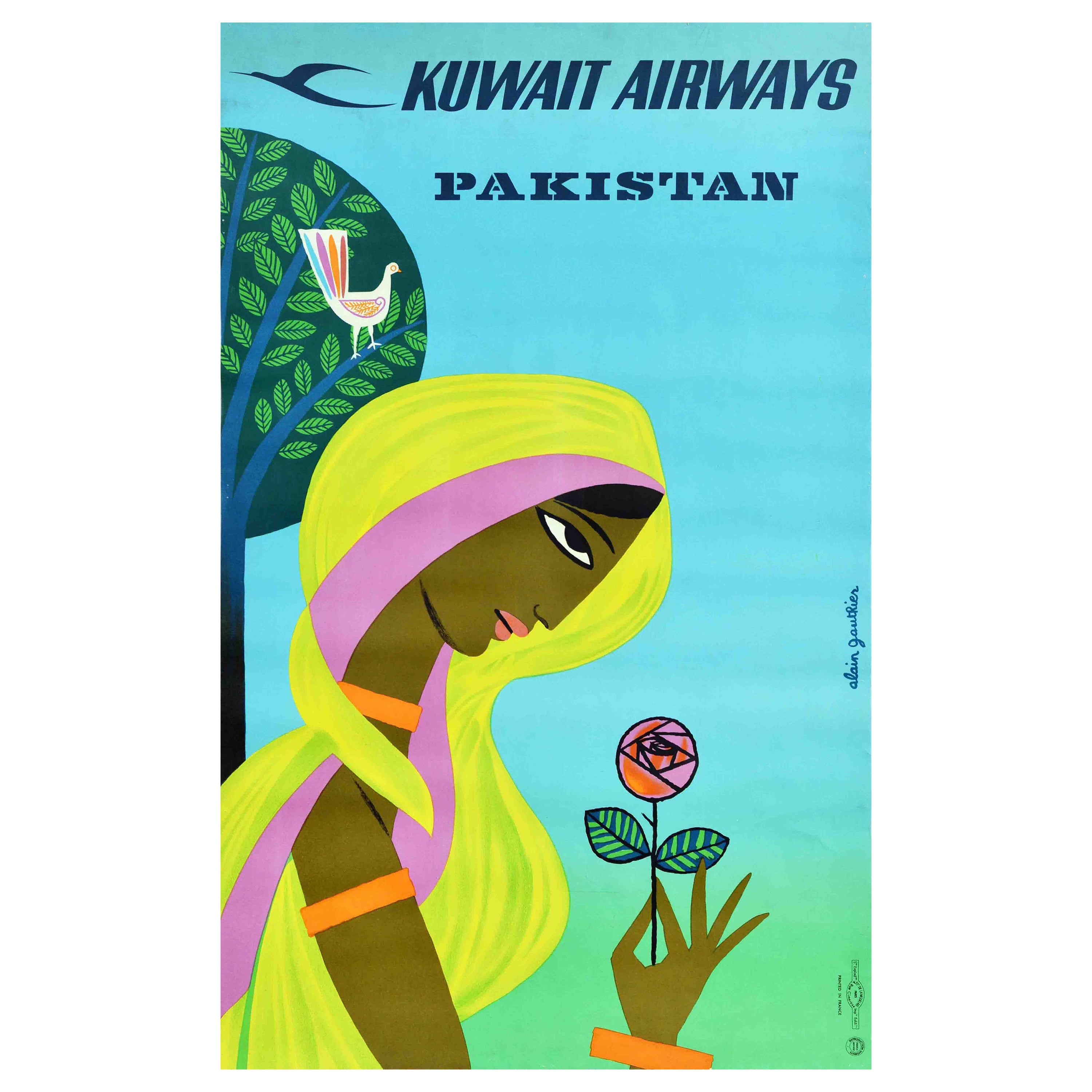 Original Vintage Travel Poster Kuwait Airways Pakistan Alain Gauthier Design Art For Sale