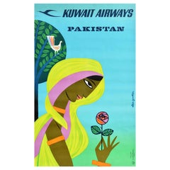 Original Vintage Travel Poster Kuwait Airways Pakistan Alain Gauthier Design Art