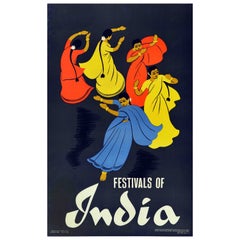 Original Vintage Travel Poster Festivals Of India Dance Asia Design Midcentury