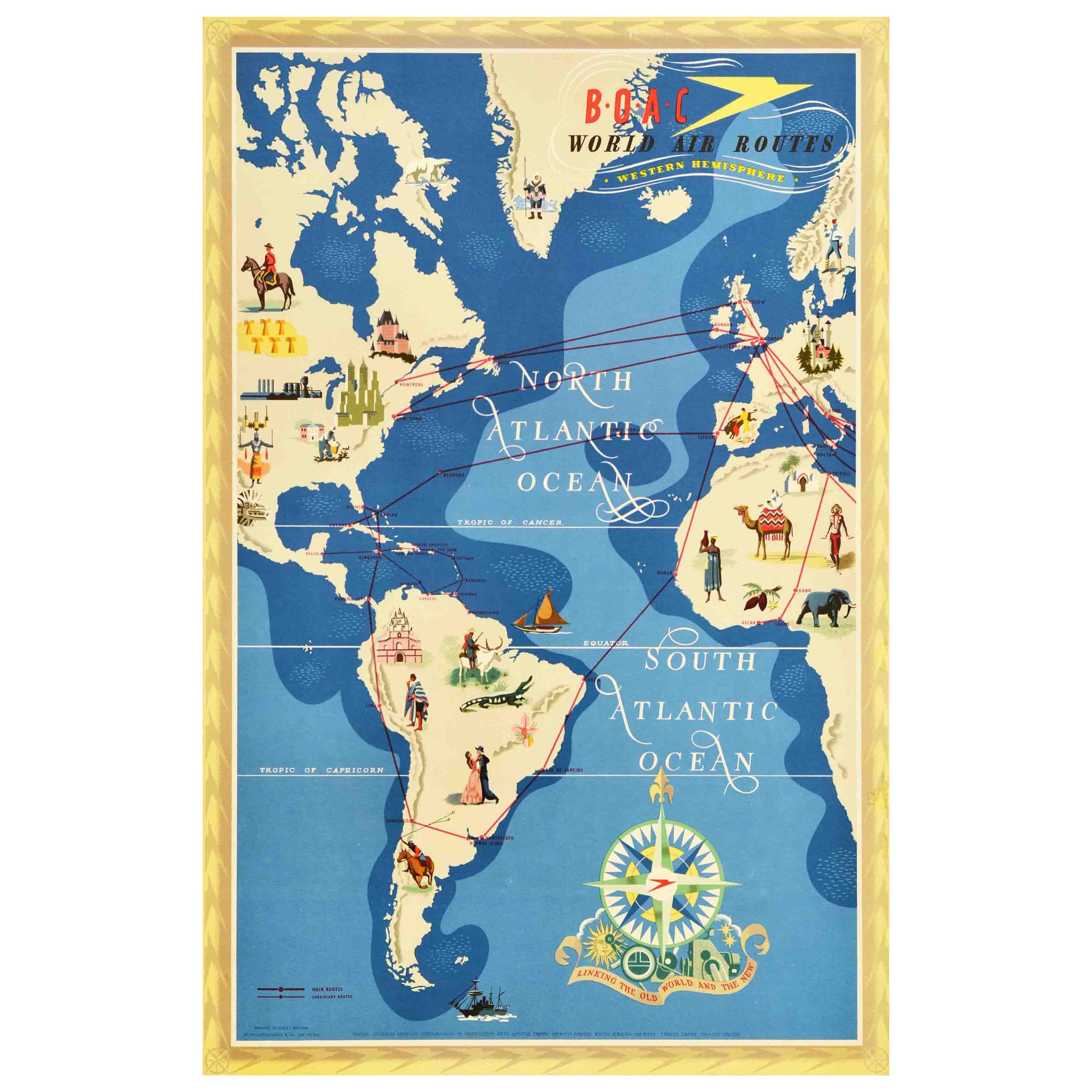 Affiche rétro originale de voyage BOAC World Air Routes, Dessin de l'hémisphère occidentale