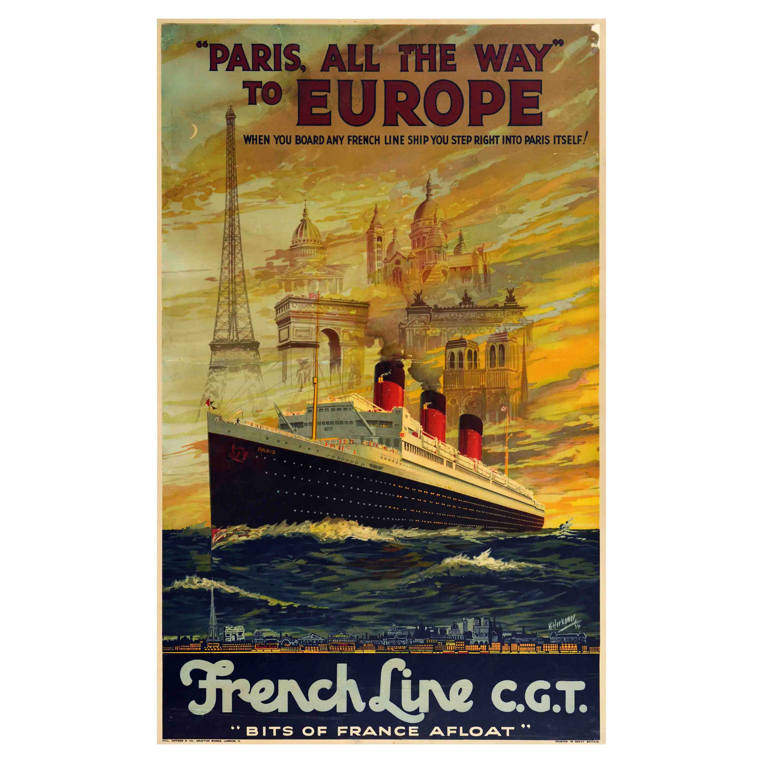 Original Vintage Cruise Travel Poster Paris All The Way To Europe French Line For Sale