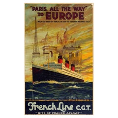 Original Vintage Cruise Travel Poster Paris All The Way To Europe French Line