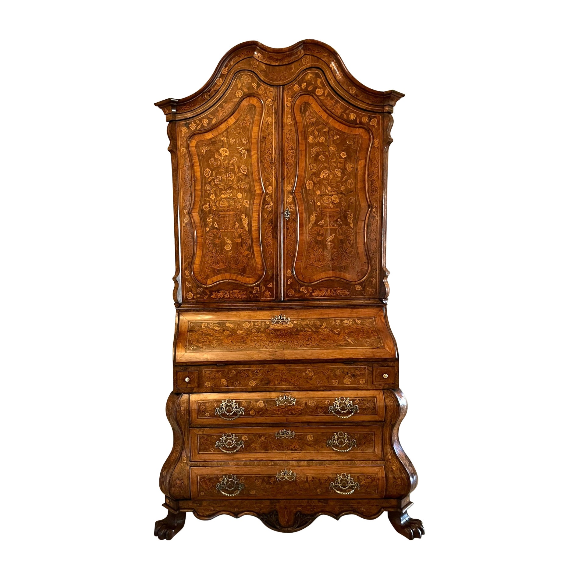 Outstanding Quality Antique Dutch Marquetry Inlaid Burr Walnut Bureau Bookcase For Sale