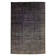 Modern Overdyed Gray Handmade Floral Oversize Wool Rug