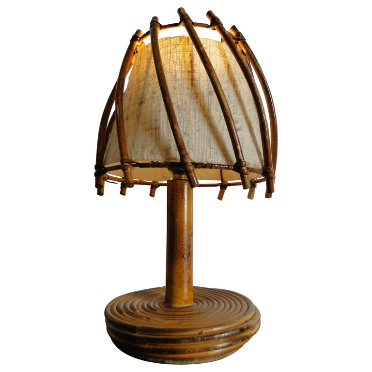 Louis Sognot Rattan Banbou Table Lamp France  For Sale