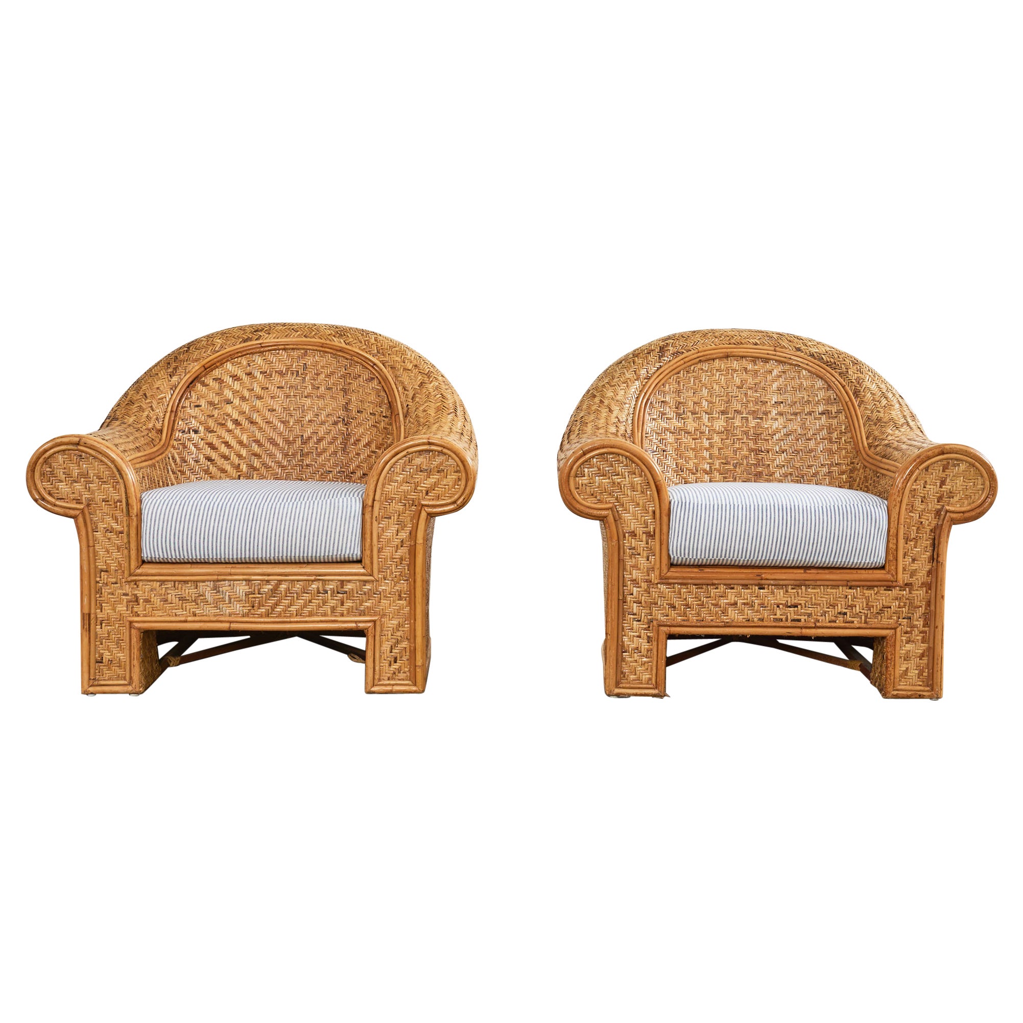 Pair of Ralph Lauren Attributed Woven Rattan Lounge Chairs For Sale