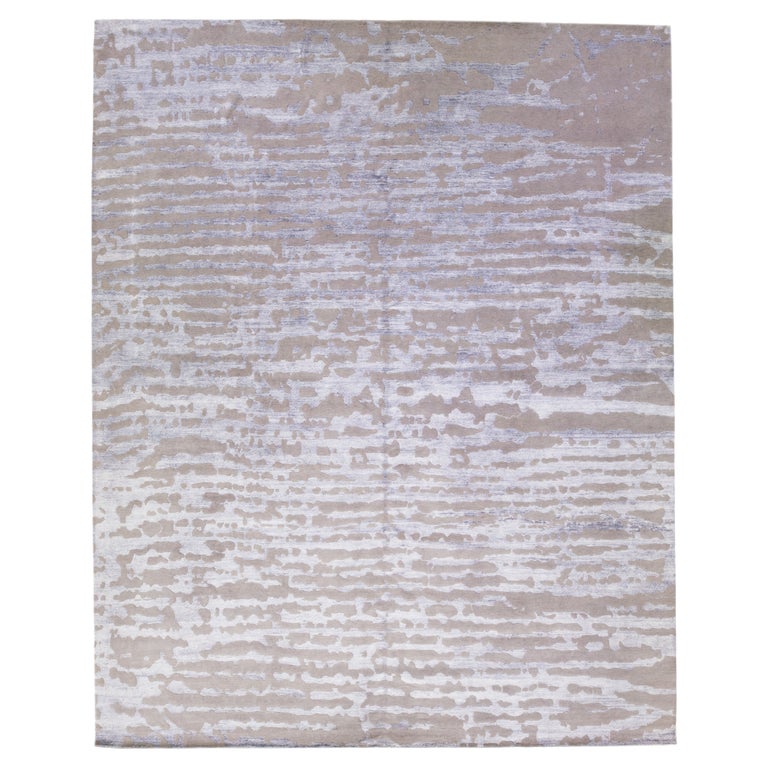 Oversize Modern Handmade Ikat Wool and Silk Rug with Silver Abstract ...