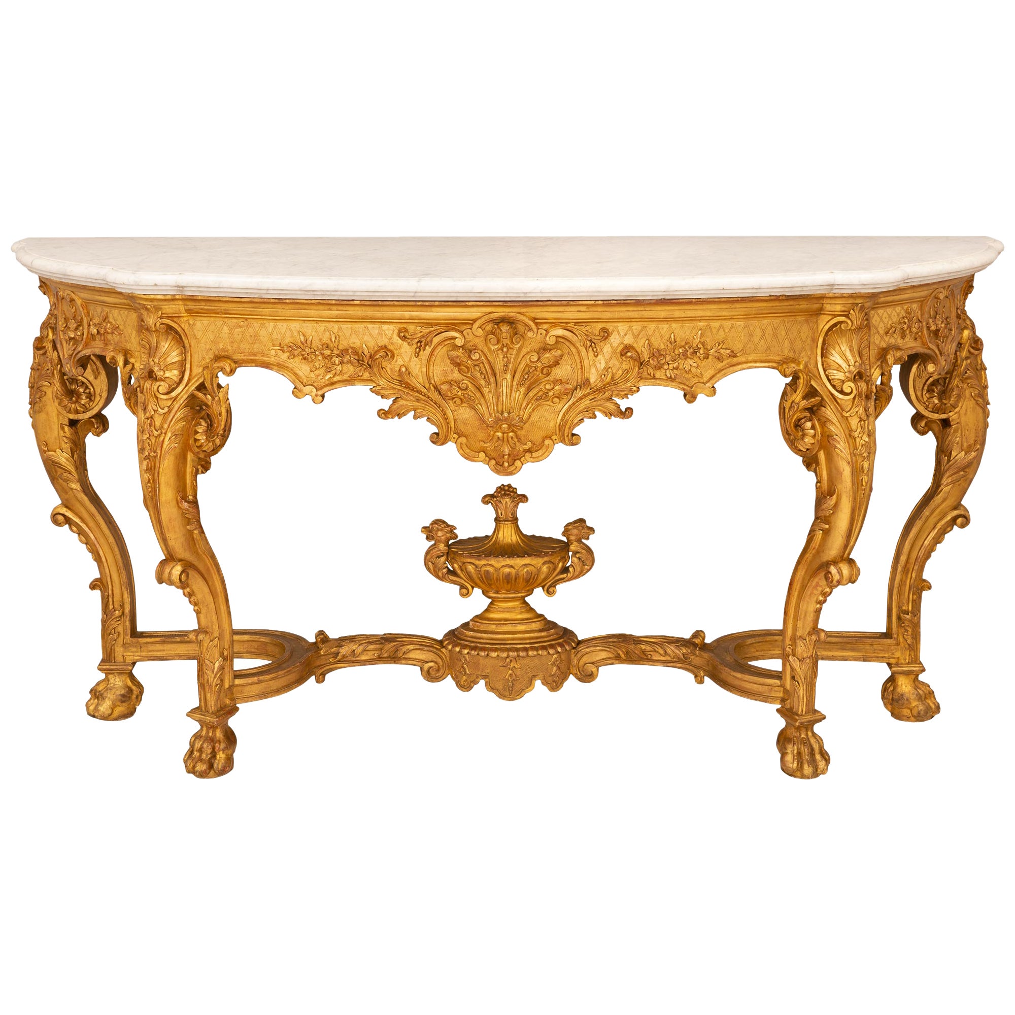 Console Régence française du 19ème siècle en bois doré et marbre de Carrare blanc en vente