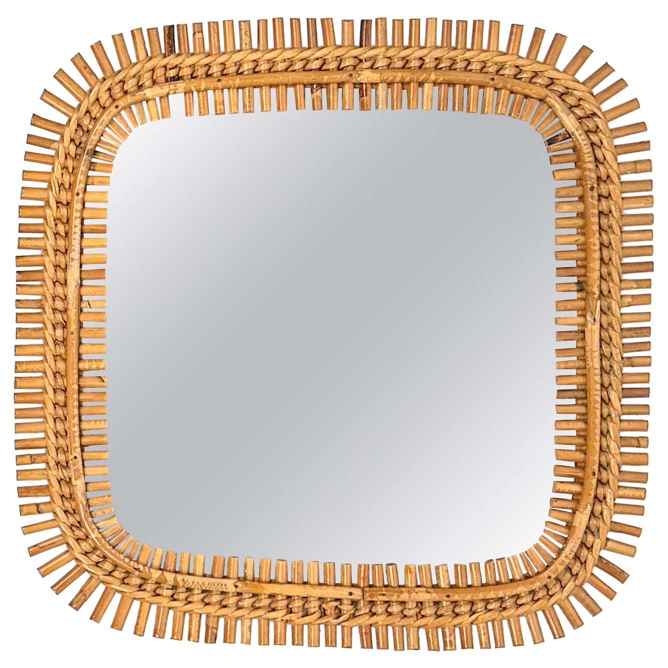 Midcentury Rattan & Bamboo Squared Wall Mirror, Italy 1960s
