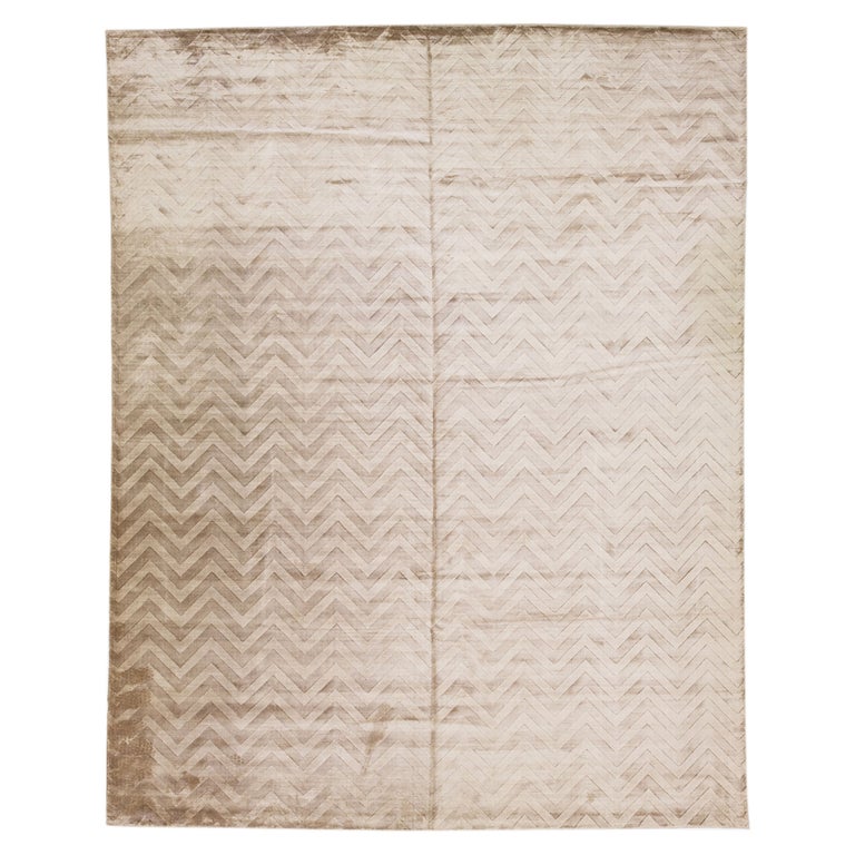Tan Modern Handmade Silk Rug with Chevron Design For Sale at 1stDibs