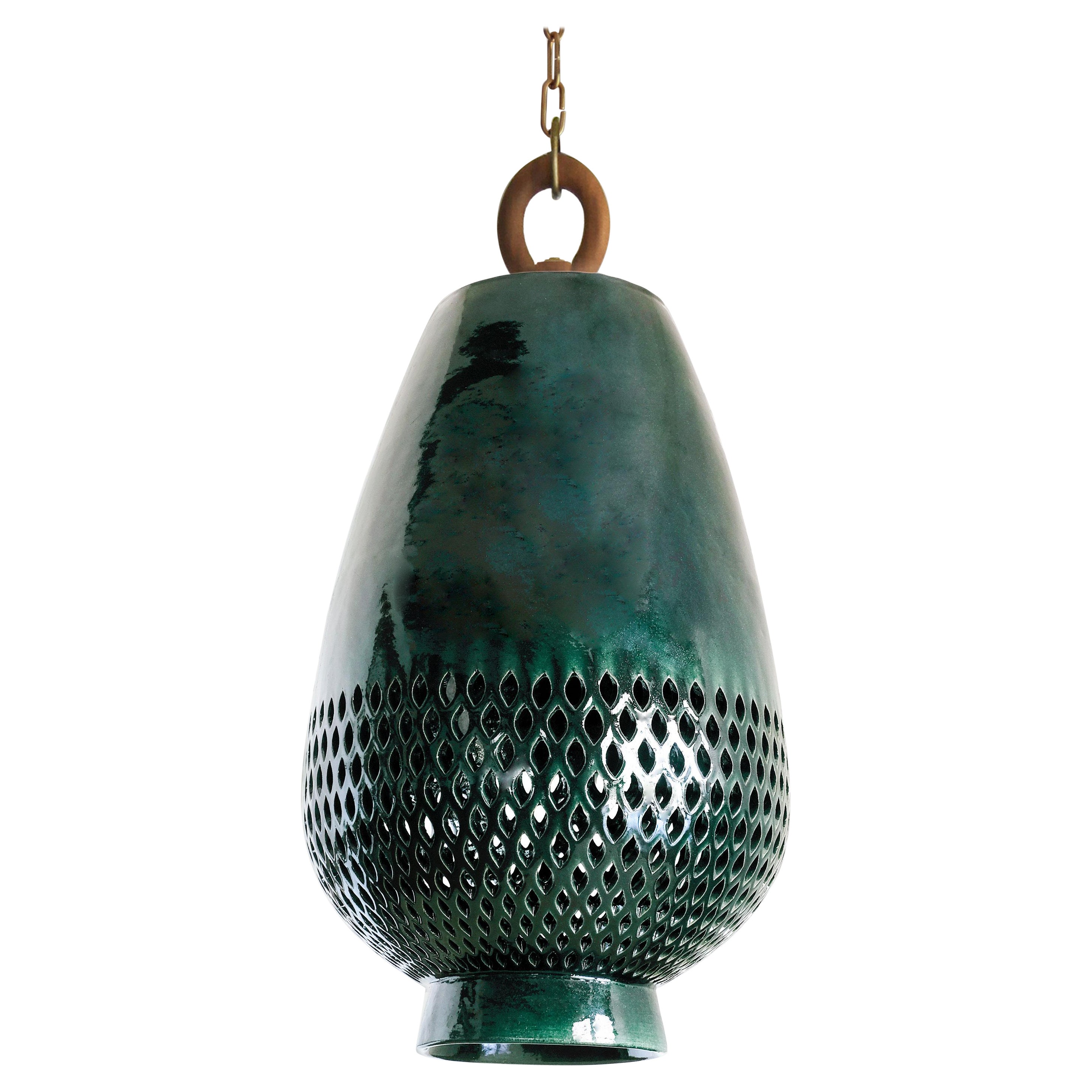 Smaragd-Keramik-Pendelleuchte XL, gebürstetes Messing, Diamanten aus der Atzompa-Kollektion