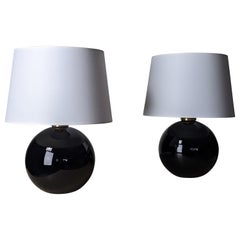 Jacques Adnet Set of Two Spherical Table Lamps, Black Opaline Glass, France 1930