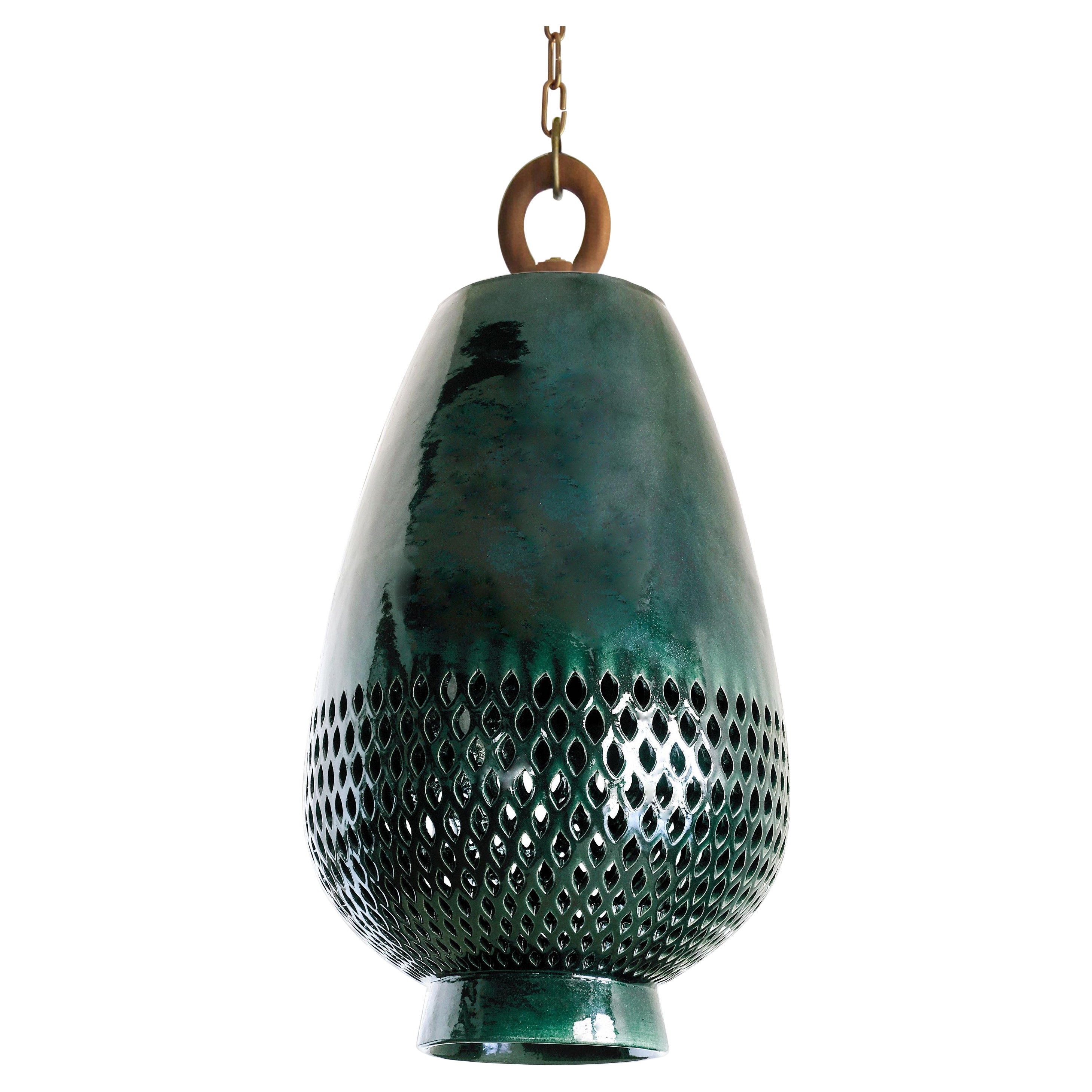 Lampe à suspension en céramique émeraude XL, laiton naturel, diamants, collection Atzompa