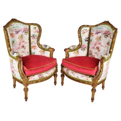 Pair of Mid-19th Century Louis XVI Giltwood Bergère Armchairs with Modern Fabric