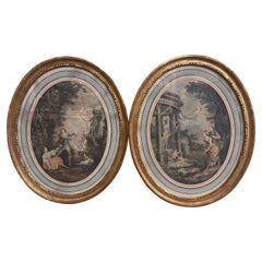 Pair of 19th Century, French Watercolors Courting Scenes in Oval Giltwood Frames