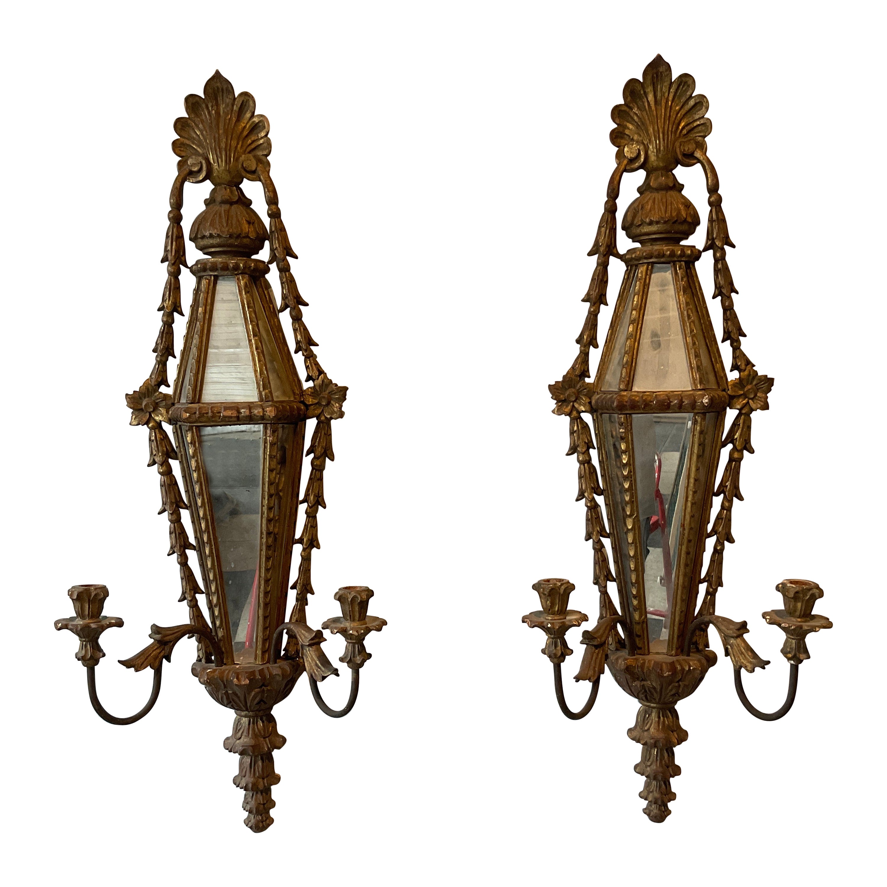 Pair of 1960s Italian Carved Wood Mirrored Sconces For Sale