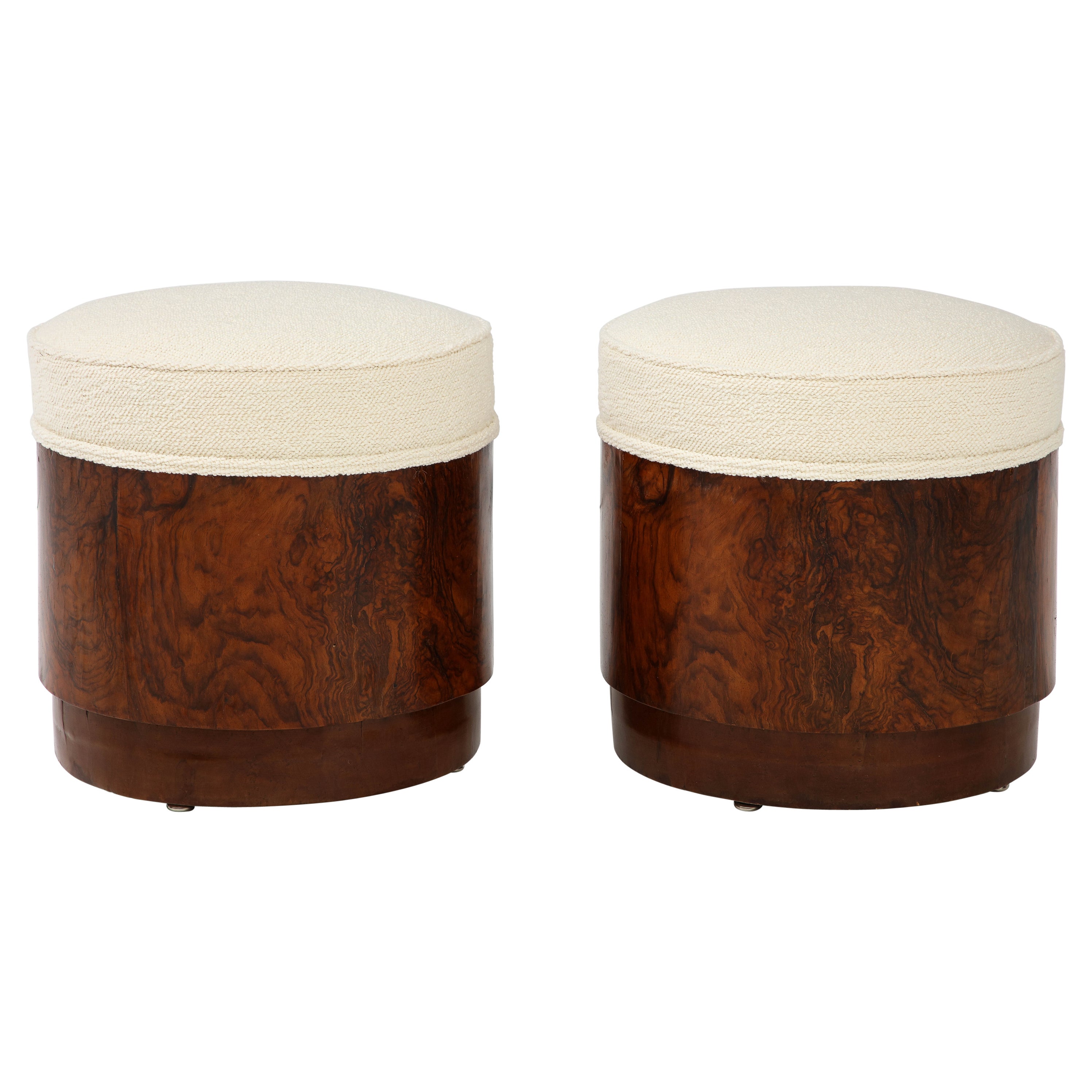 Pair of Italian Art Deco Burl Wood Circular Stools  For Sale