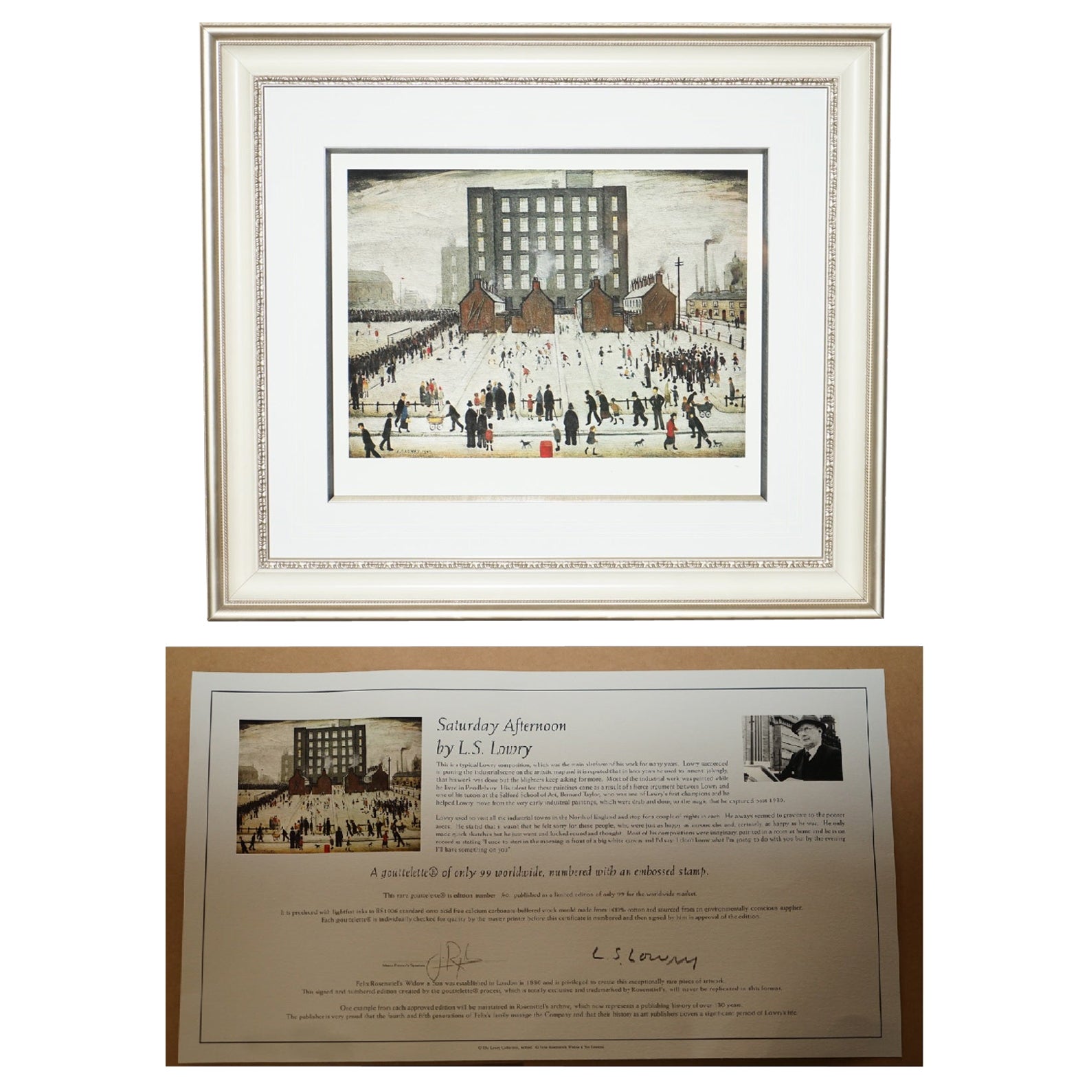 L S LOWRY SATURDAY AFTERNOON LIMITED EDITION PRINT 60/99 WiTH ALL DOCUMENTATION For Sale