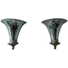Pair 1930s Silver Plate Hollywood Regency Uplight Sconces with Greek Key Design