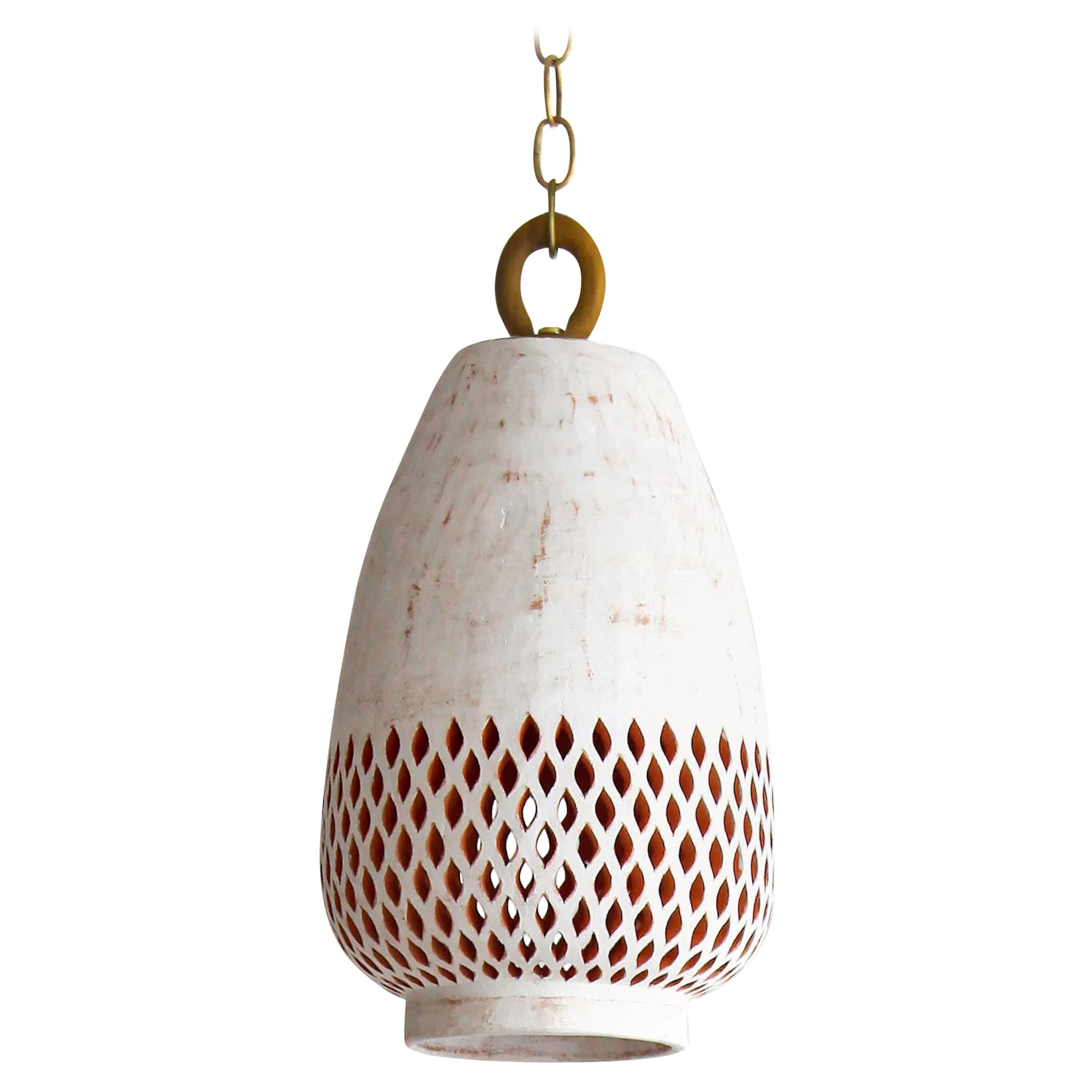 Small White Ceramic Pendant Light, Aged Brass, Diamantes Atzompa Collection For Sale