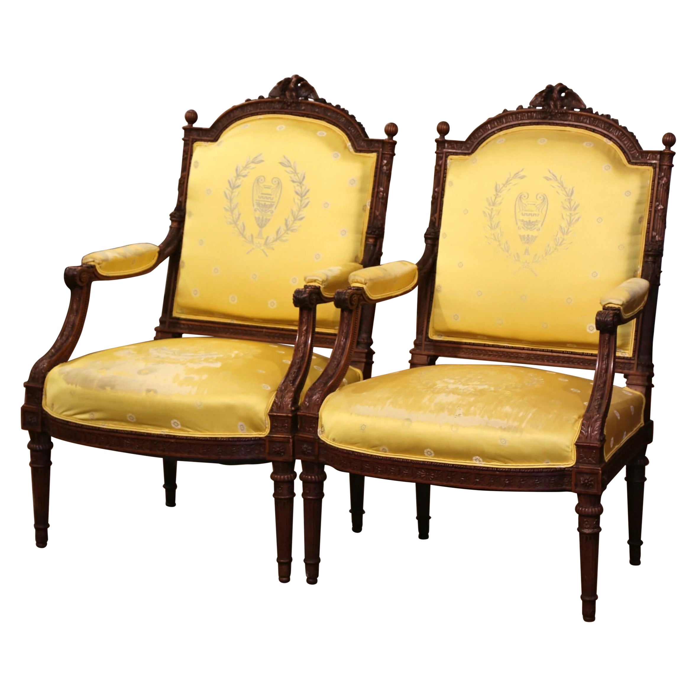 Pair of 19th Century French Louis XVI Carved Walnut Carved Fauteuils Armchairs For Sale