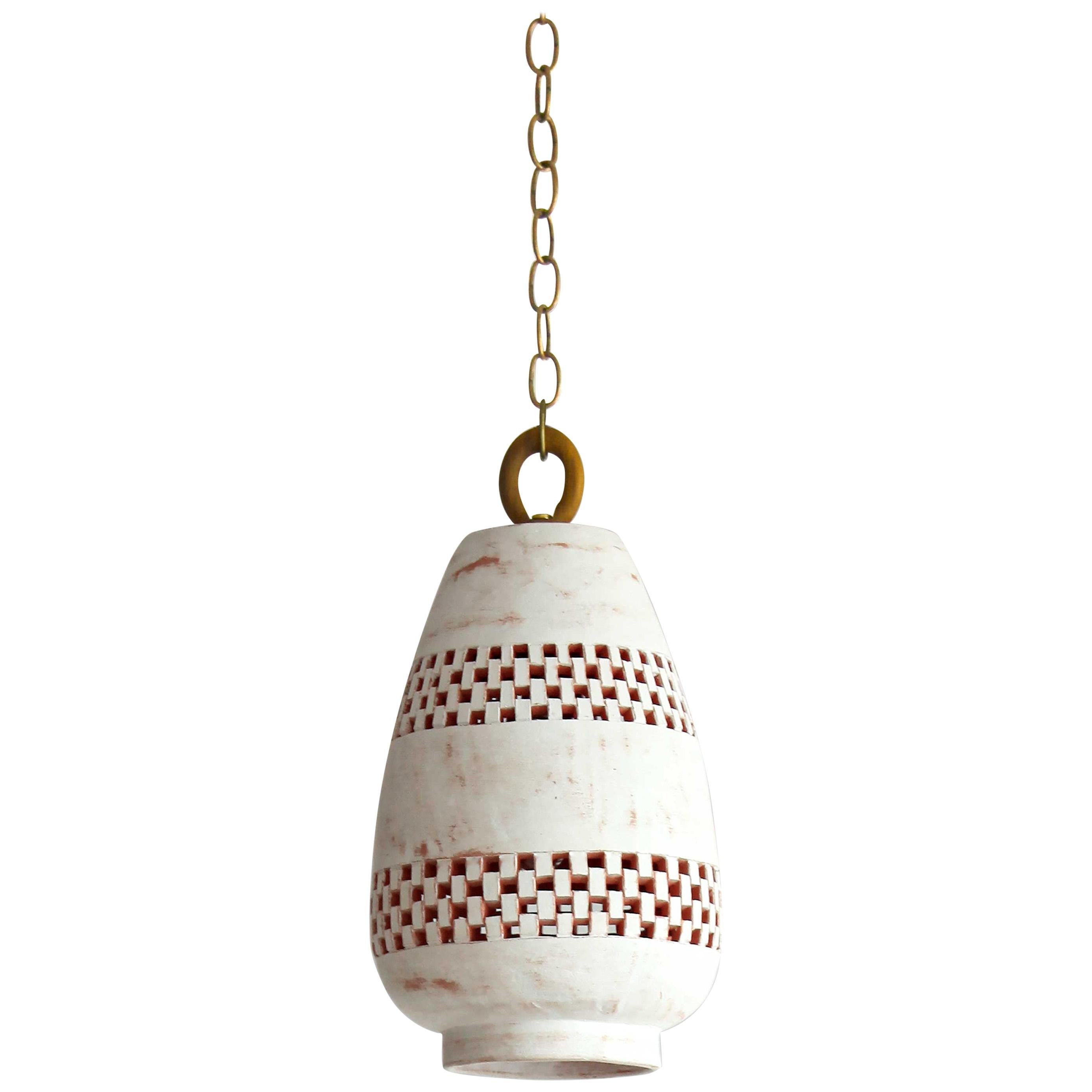 Small White Ceramic Pendant Light, Aged Brass, Ajedrez Atzompa Collection For Sale