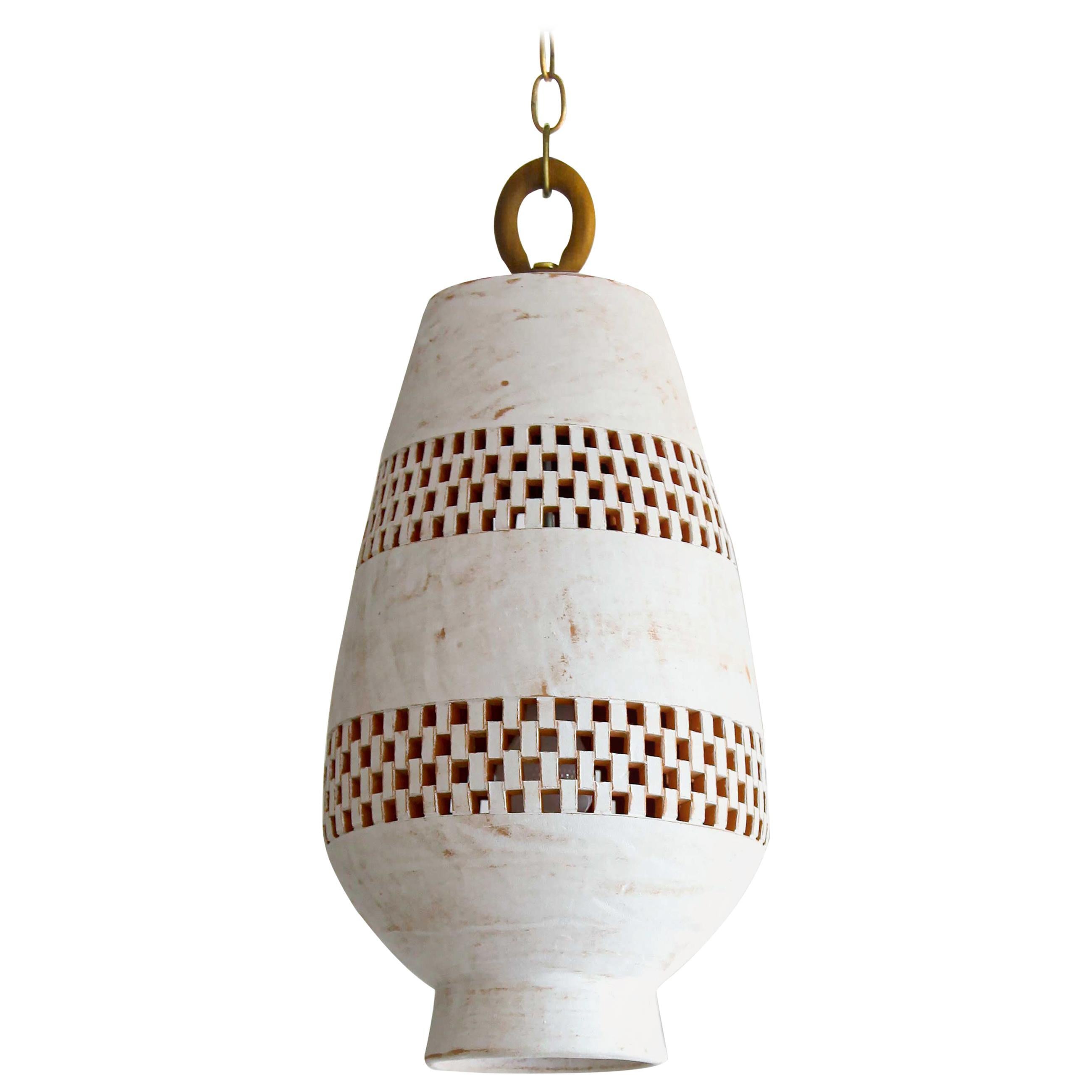 Medium White Ceramic Pendant Light, Oiled Bronze, Ajedrez Atzompa Collection For Sale
