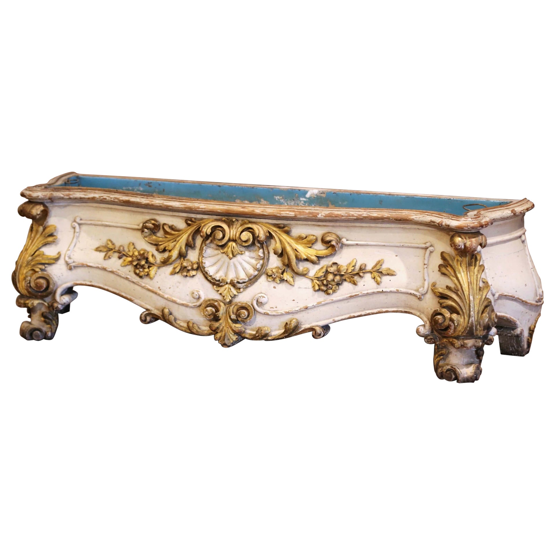 Early 19th Century, French Louis XV Carved Painted & Gilt Bombe Floor Jardinière For Sale