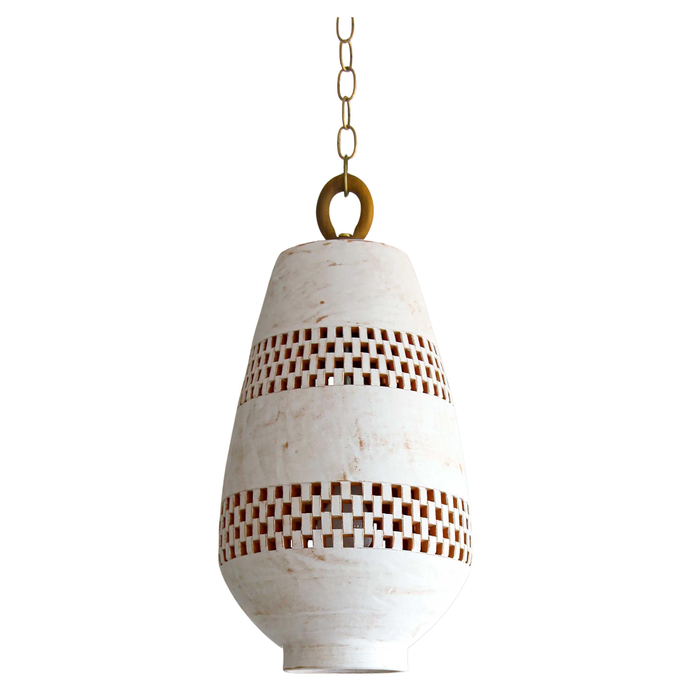 Large White Ceramic Pendant Light, Natural Brass, Ajedrez Atzompa Collection