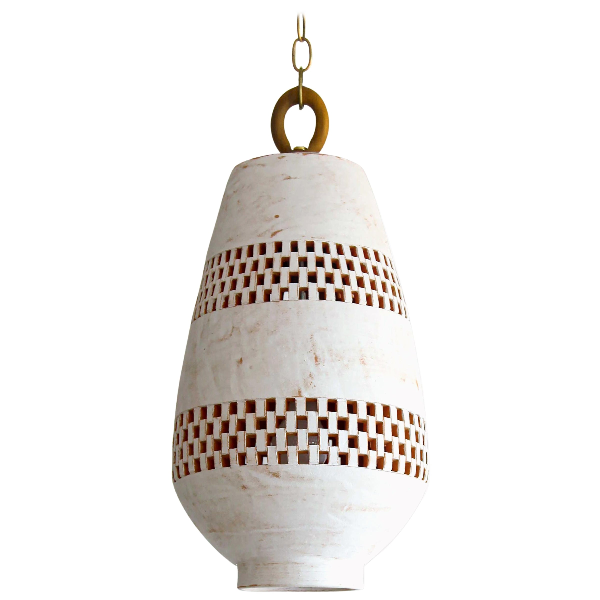 Large White Ceramic Pendant Light, Oiled Bronze, Ajedrez Atzompa Collection For Sale