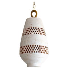 Large White Ceramic Pendant Light, Oiled Bronze, Ajedrez Atzompa Collection