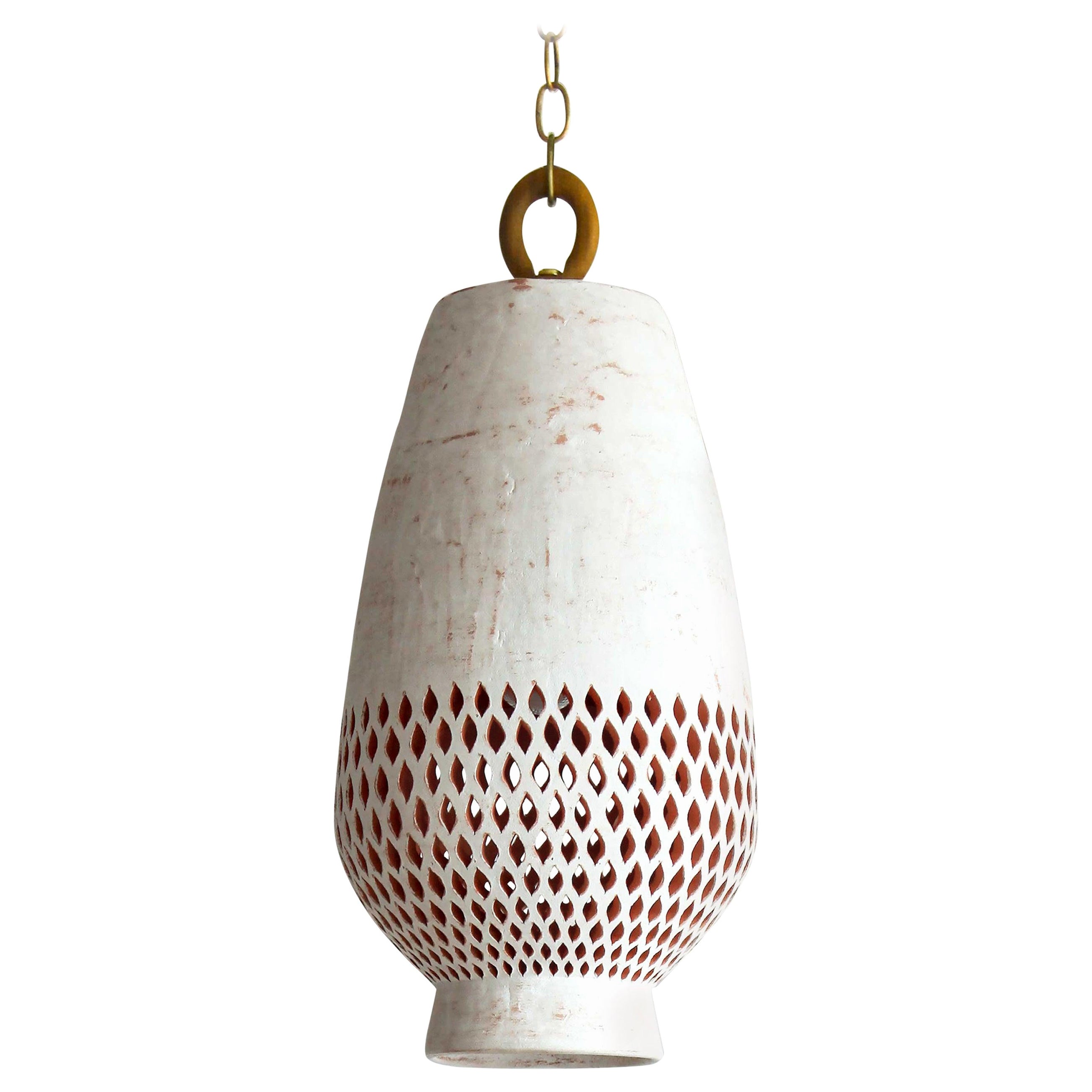 White Ceramic Pendant Light XL, Natural Brass, Diamantes Atzompa Collection For Sale