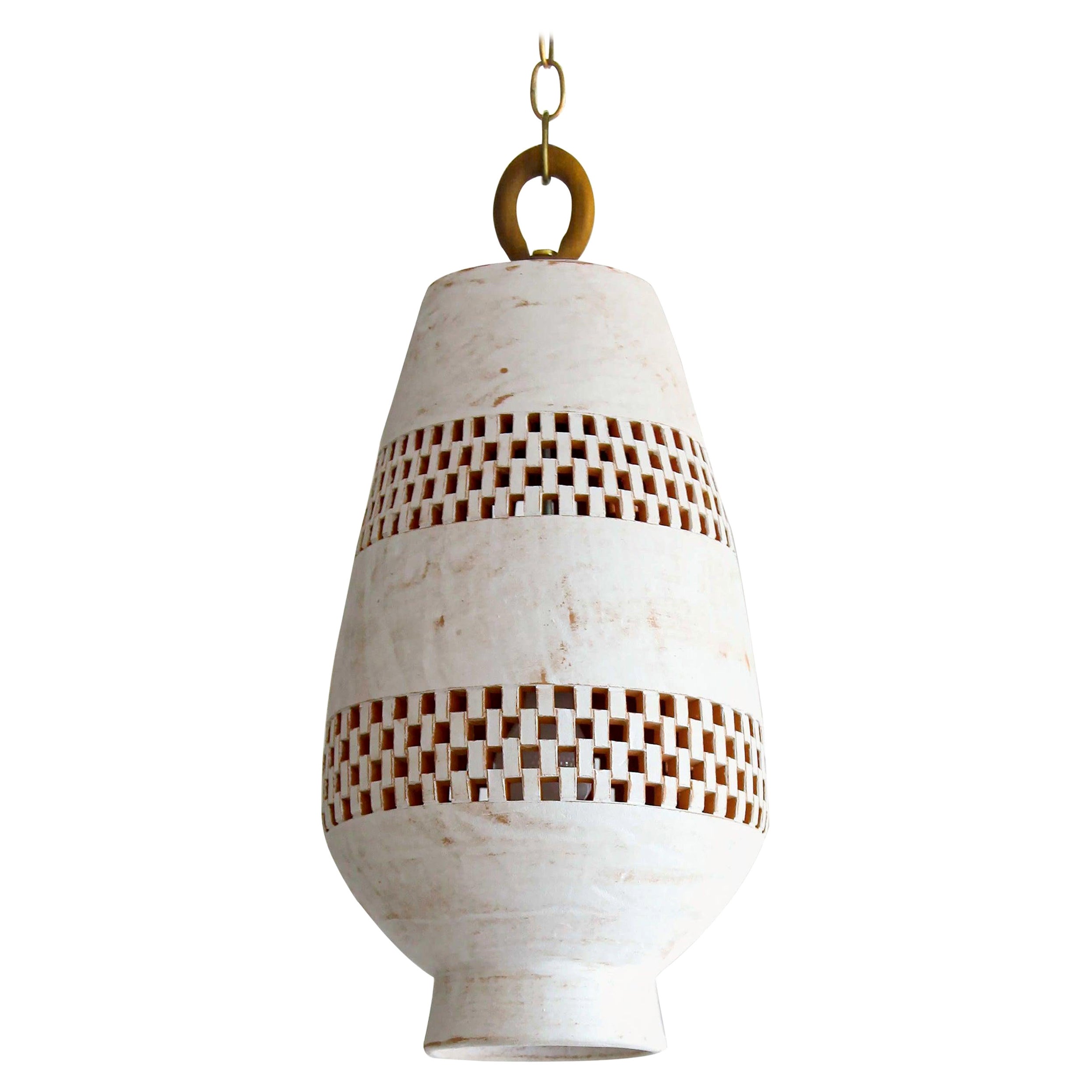 White Ceramic Pendant Light XL, Natural Brass, Ajedrez Atzompa Collection For Sale