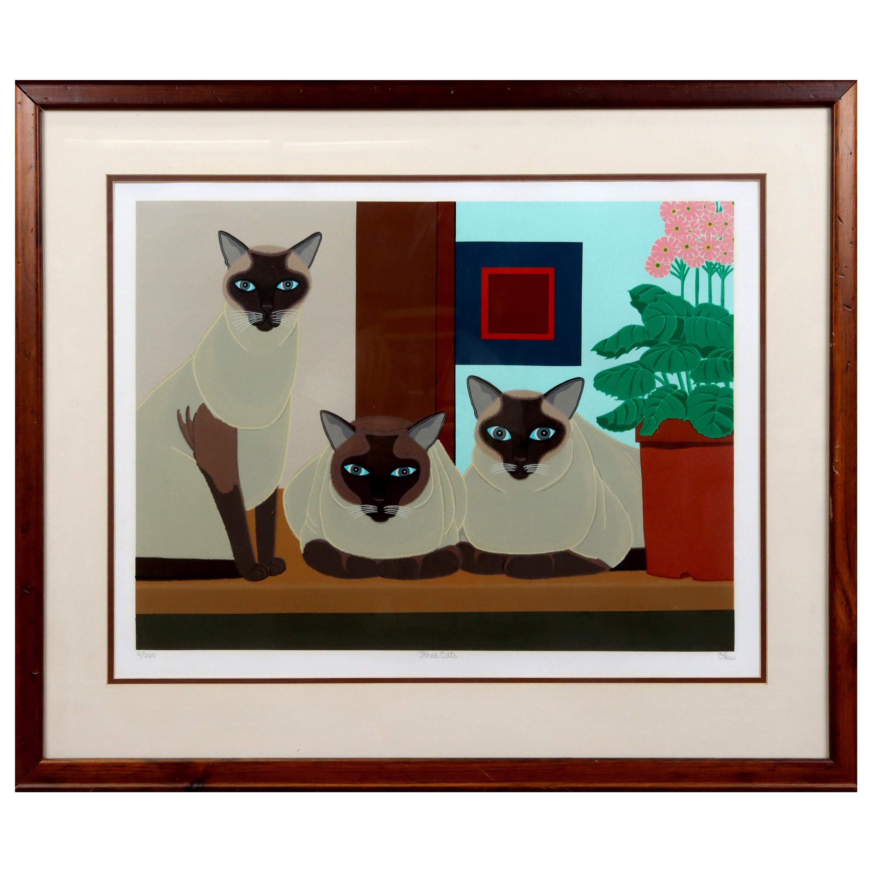 Vintage "Three Cats" Japanese Print by Shigeo Okumura For Sale