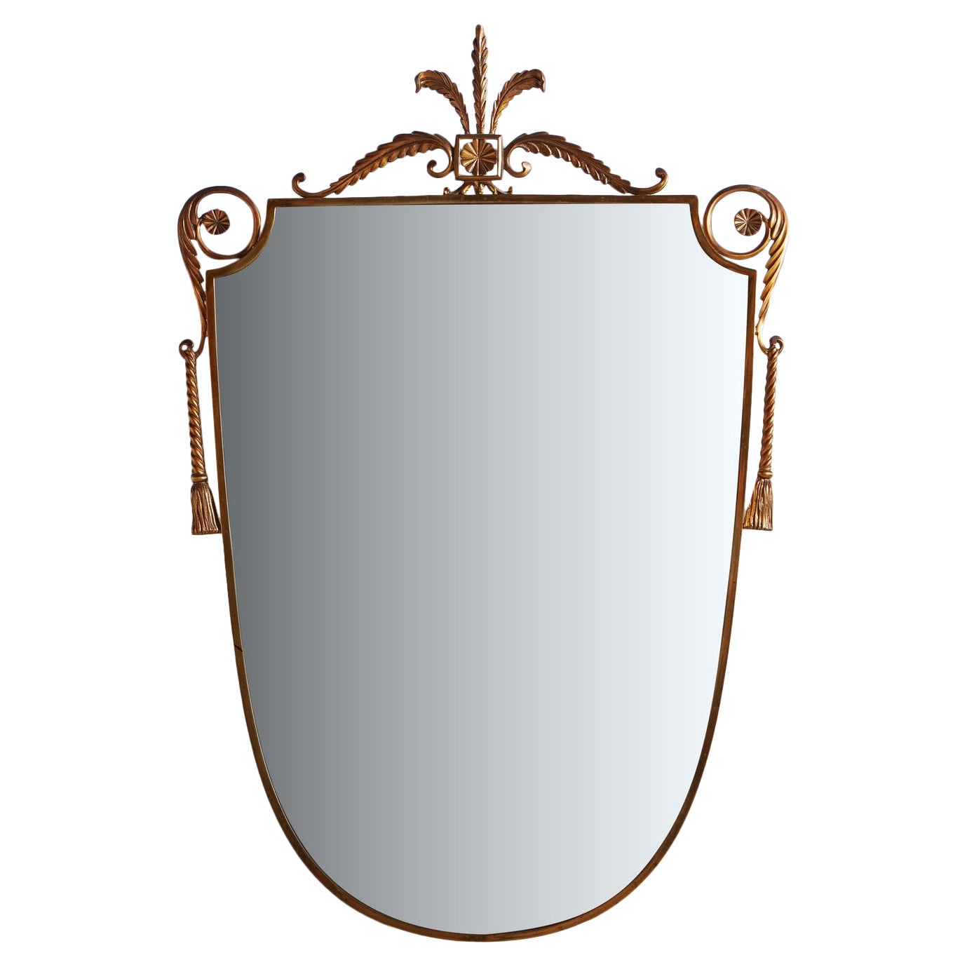Brass Frame Shield Mirror With Crest Motif in the Style of Gio Ponti, Italy 1970