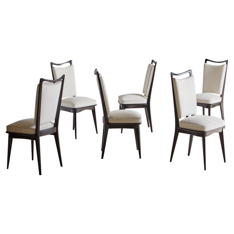 Set of 6 Black Wood Frame Upholstered Dining Chairs, Italy 20th Century For Sale at 1stDibs