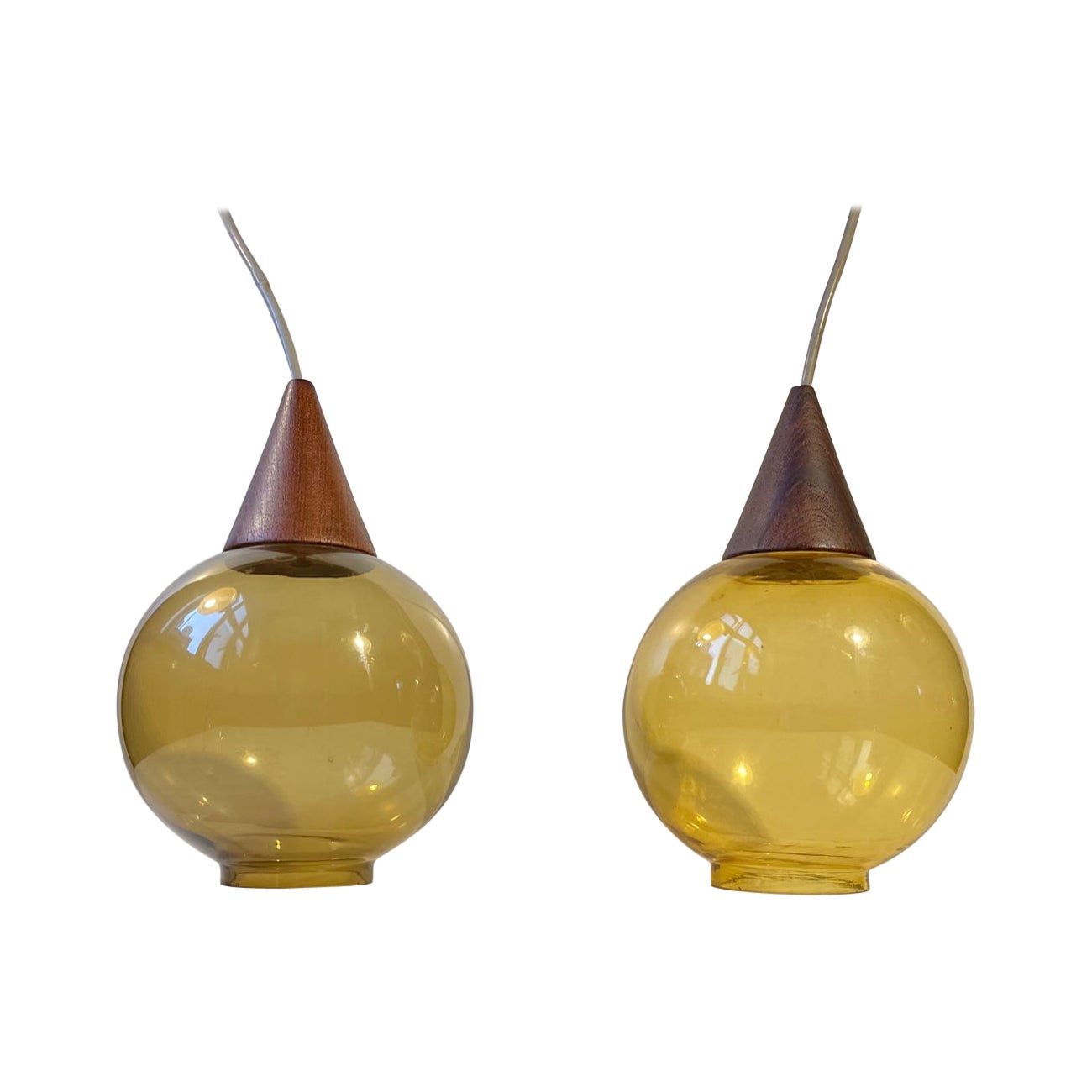 Scandinavian Modern Pendant Ceiling Lamps in Teak and Smoke Glass For Sale