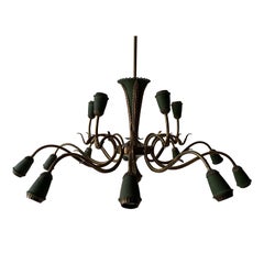 Mid-Century Green Brass 15-Armed Sputnik XXL Chandelier, 1950s, Italy