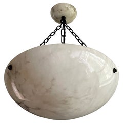 Good Size & Timeless Art Deco White Alabaster & Black Chain Pendant Flush Mount