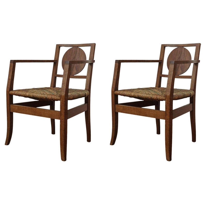 Pair of French Wood and Rush Seat Armchairs For Sale
