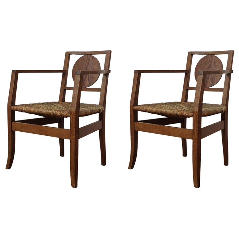 Pair of French Wood and Rush Seat Armchairs For Sale at 1stDibs