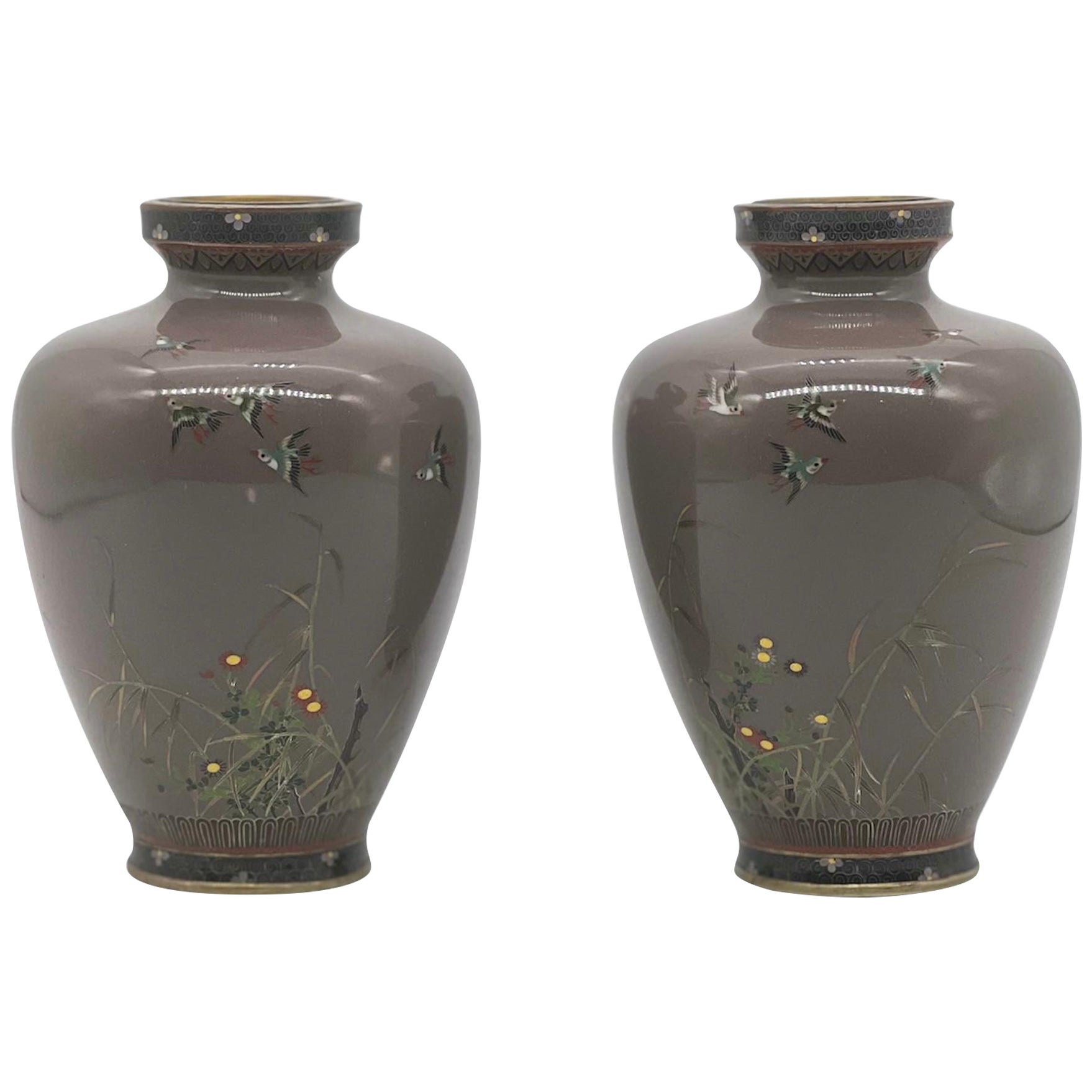 A Fine Pair of Japanese Cloisonne Enamel Vases Attributed to Hayashi Kodenji