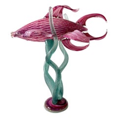 1980s Hand Blown Italian Murano Zanfirico Art Glass Fish Sculpture