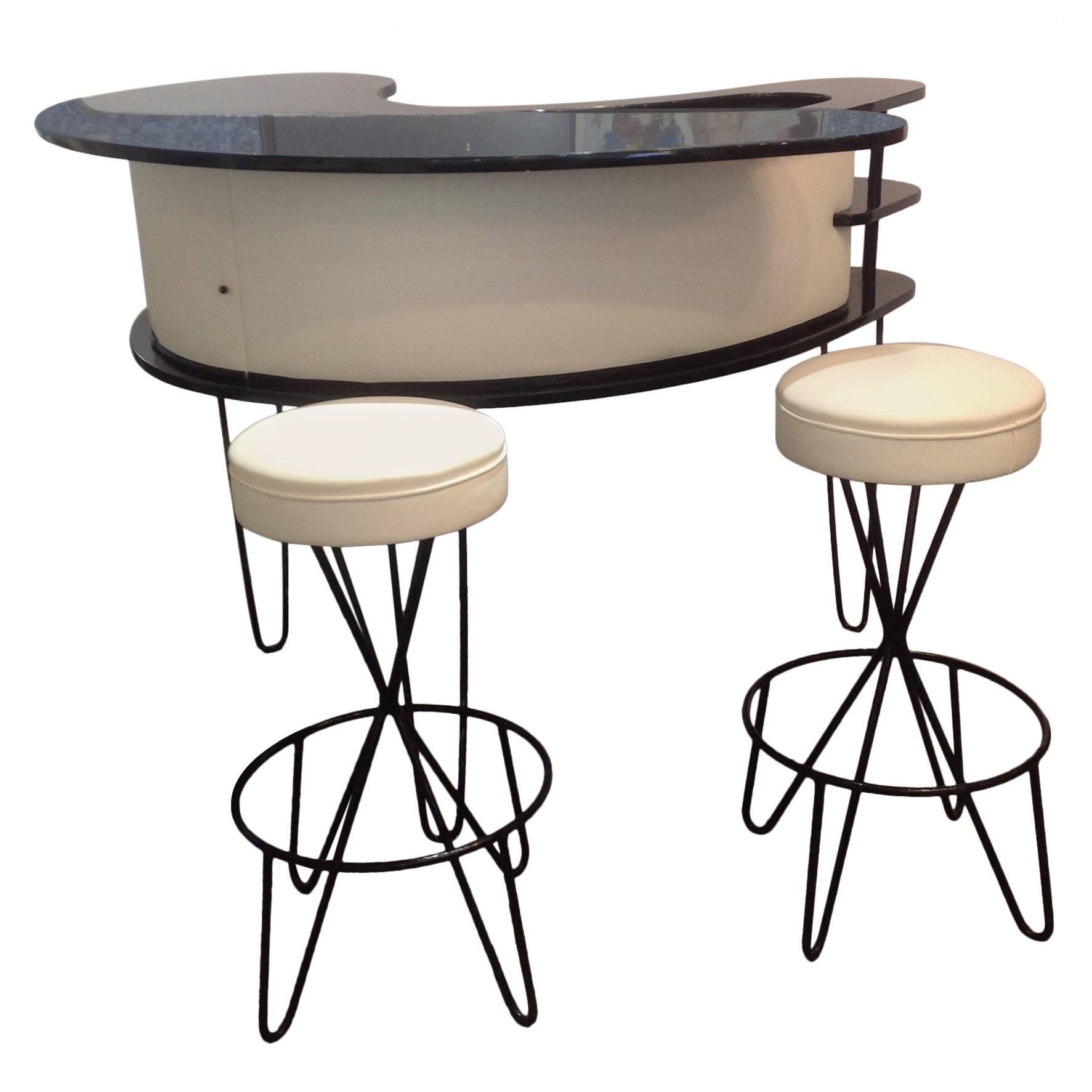 Paul Tuttle Lacquer Boomerang Bar and Two Swivel Bar Stools For Sale