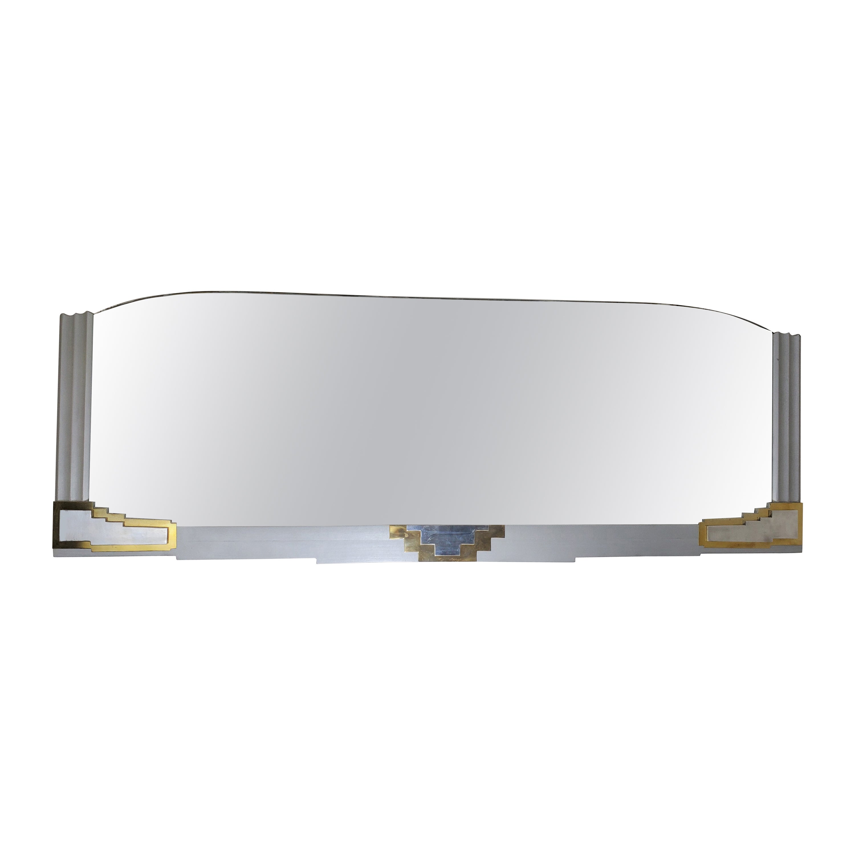 Very Long /Wide French Art Deco Silvered Wood, Nickeled Bronze + Brass Mirror For Sale