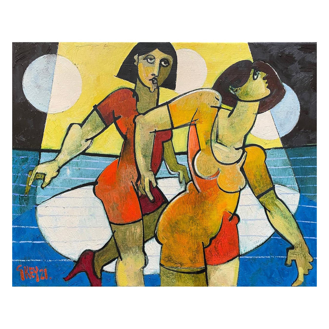 Geoffrey Key 'English', Oil On Canvas, Women Dancing, Dated 2021