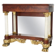 Antique Greco American Empire Flame Mahogany, Marble & Gilt Pier Table, C1830