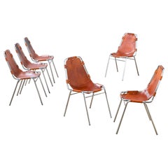 20th Century Charlotte Perriand Set Six Chairs Les Arcs in Leather Metal, 60s
